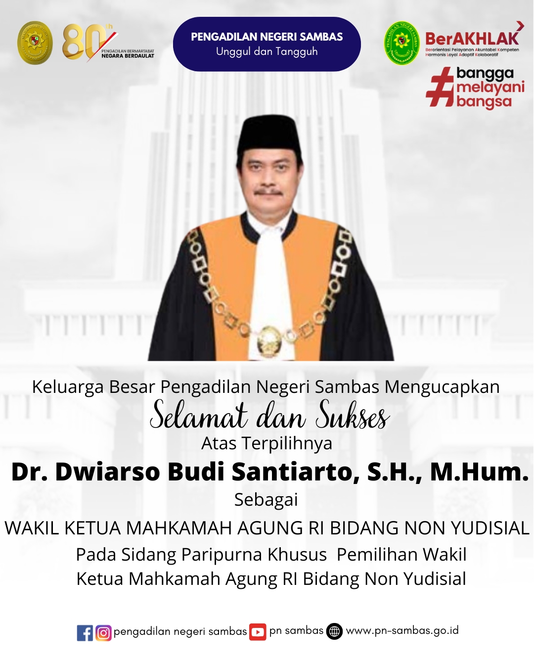 Selamat atas Terpilihnya Wakil Ketua MA RI Bidang Non Yudisial